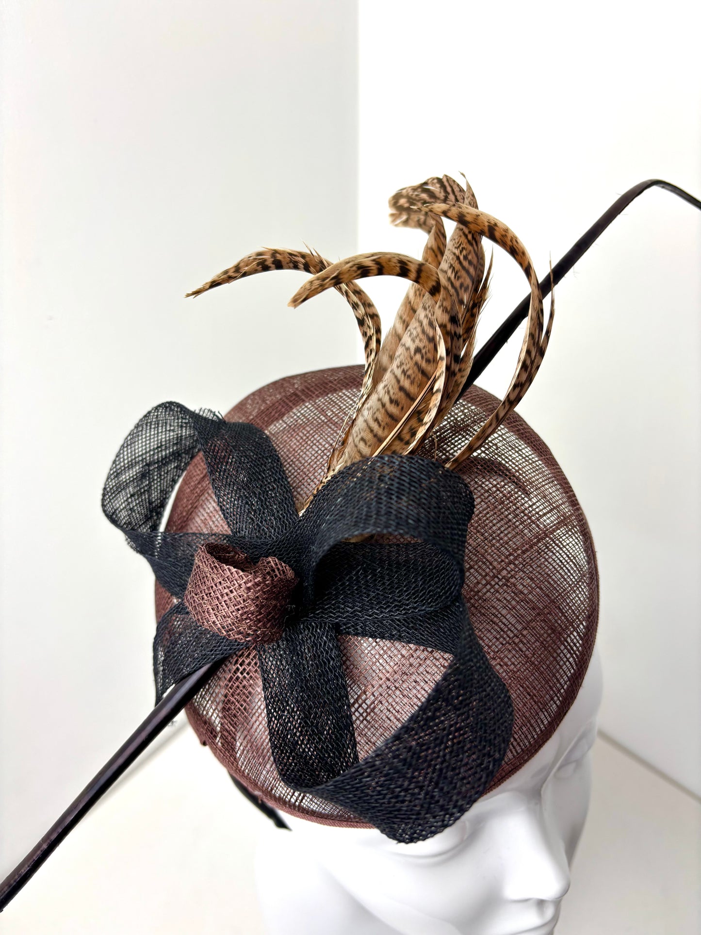 Bespoke Brown Sinamay Fascinator with Pheasant Feathers & Black Bow Detail