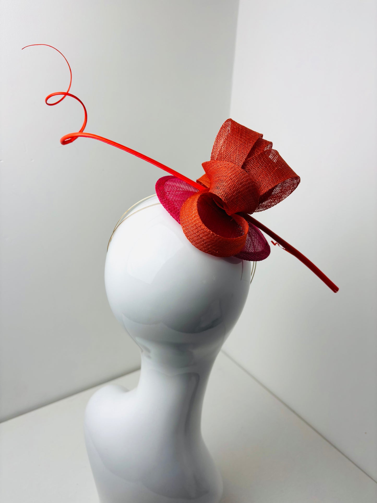 Bespoke Burnt Orange & Fuchsia Sculptural Sinamay Headpiece with Statement Quill