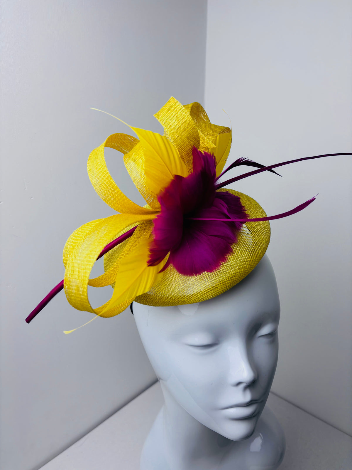 Fuchsia Pink & Yellow Fascinator – Statement Feather & Quill Wedding Guest Race Day Headpiece