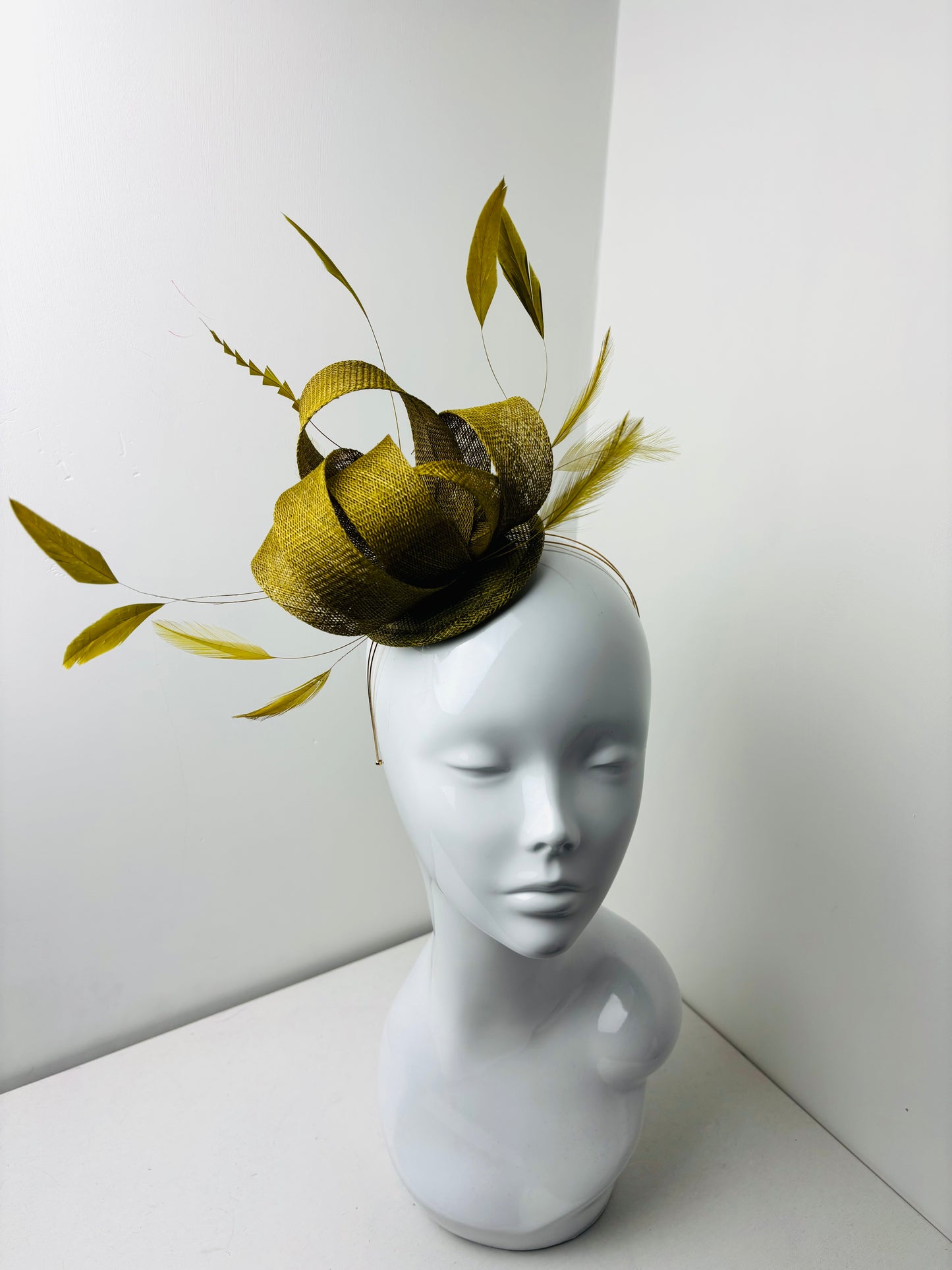 Bespoke Chartreuse Sinamay Swirl Fascinator on Gold Headband