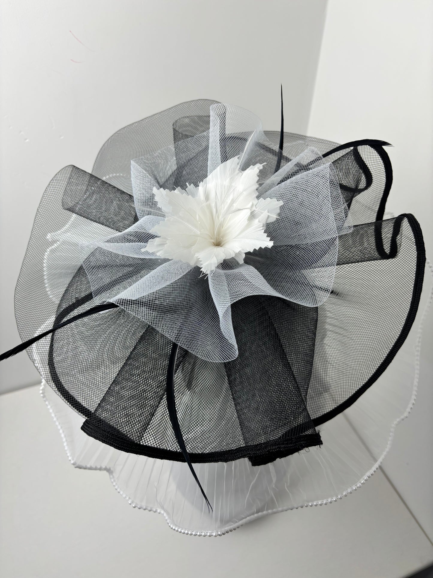 Bespoke Elegant Black and White Statement Fascinator with Pearl Trim