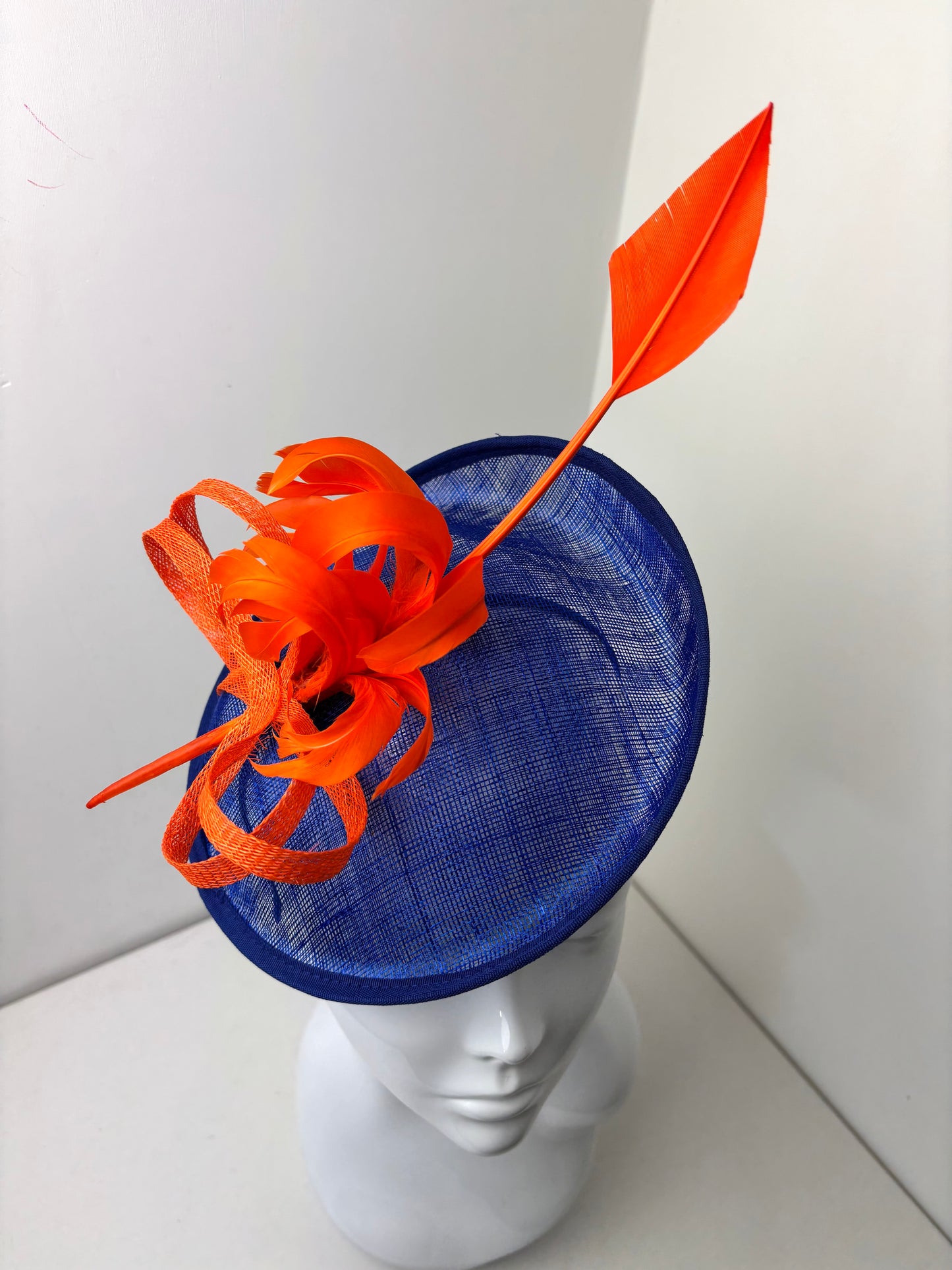 Bespoke Royal Blue & Bright Orange Statement Fascinator with Arrowhead Quill