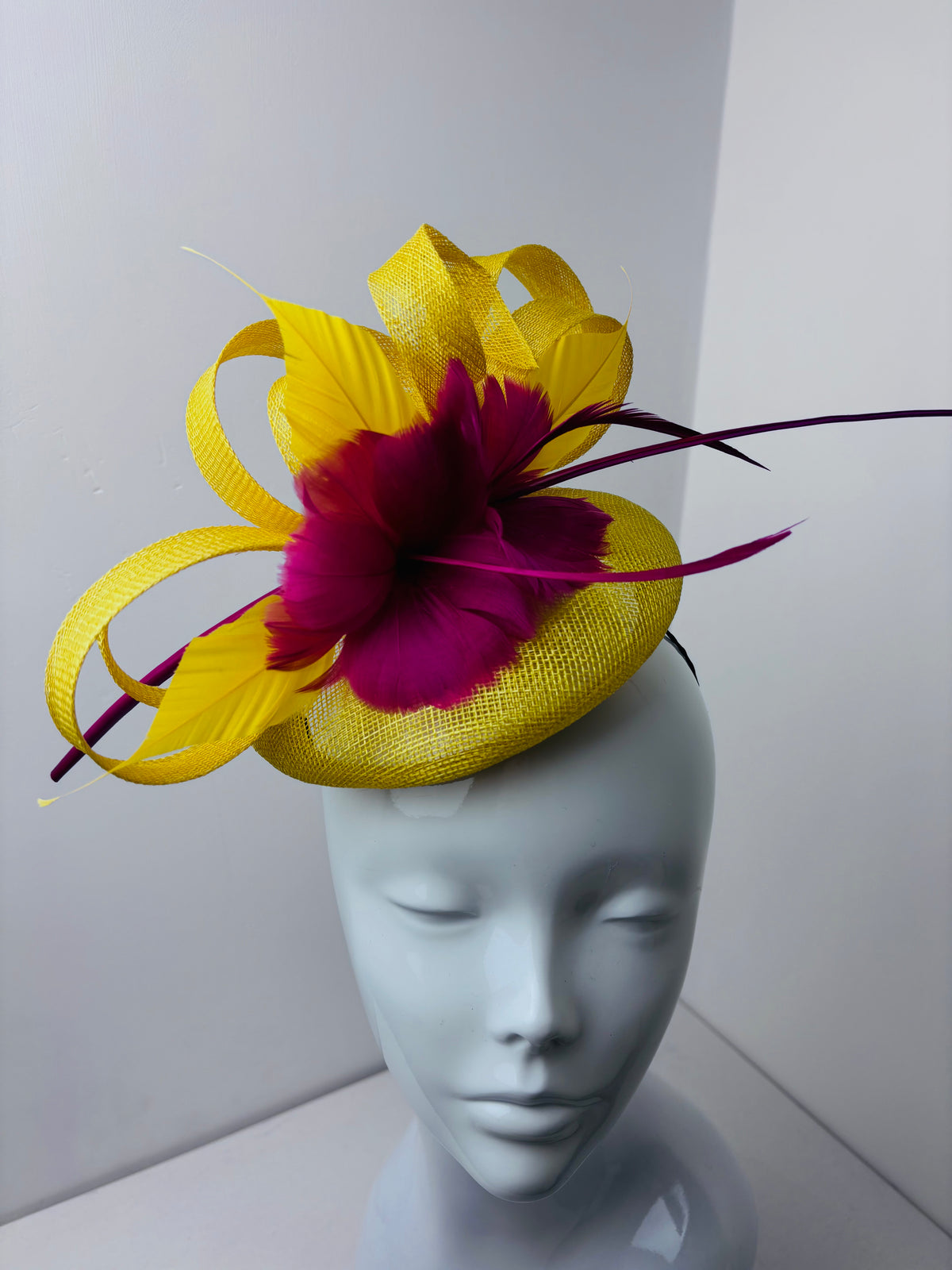 Fuchsia Pink & Yellow Fascinator – Statement Feather & Quill Wedding Guest Race Day Headpiece