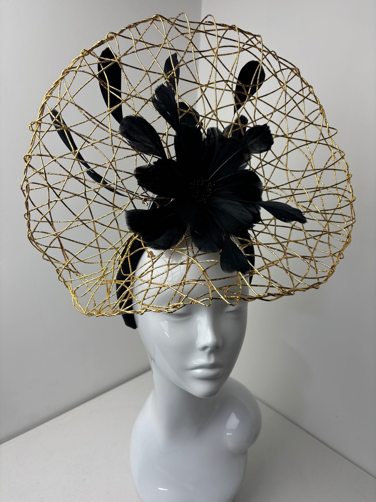 Bespoke Gold Wire Halo Headpiece with Black Feather Flower Fascinator