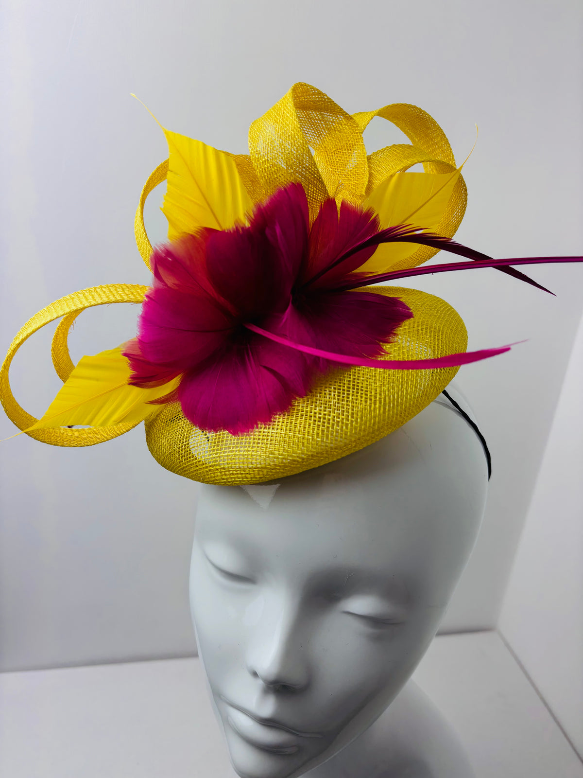 Fuchsia Pink & Yellow Fascinator – Statement Feather & Quill Wedding Guest Race Day Headpiece
