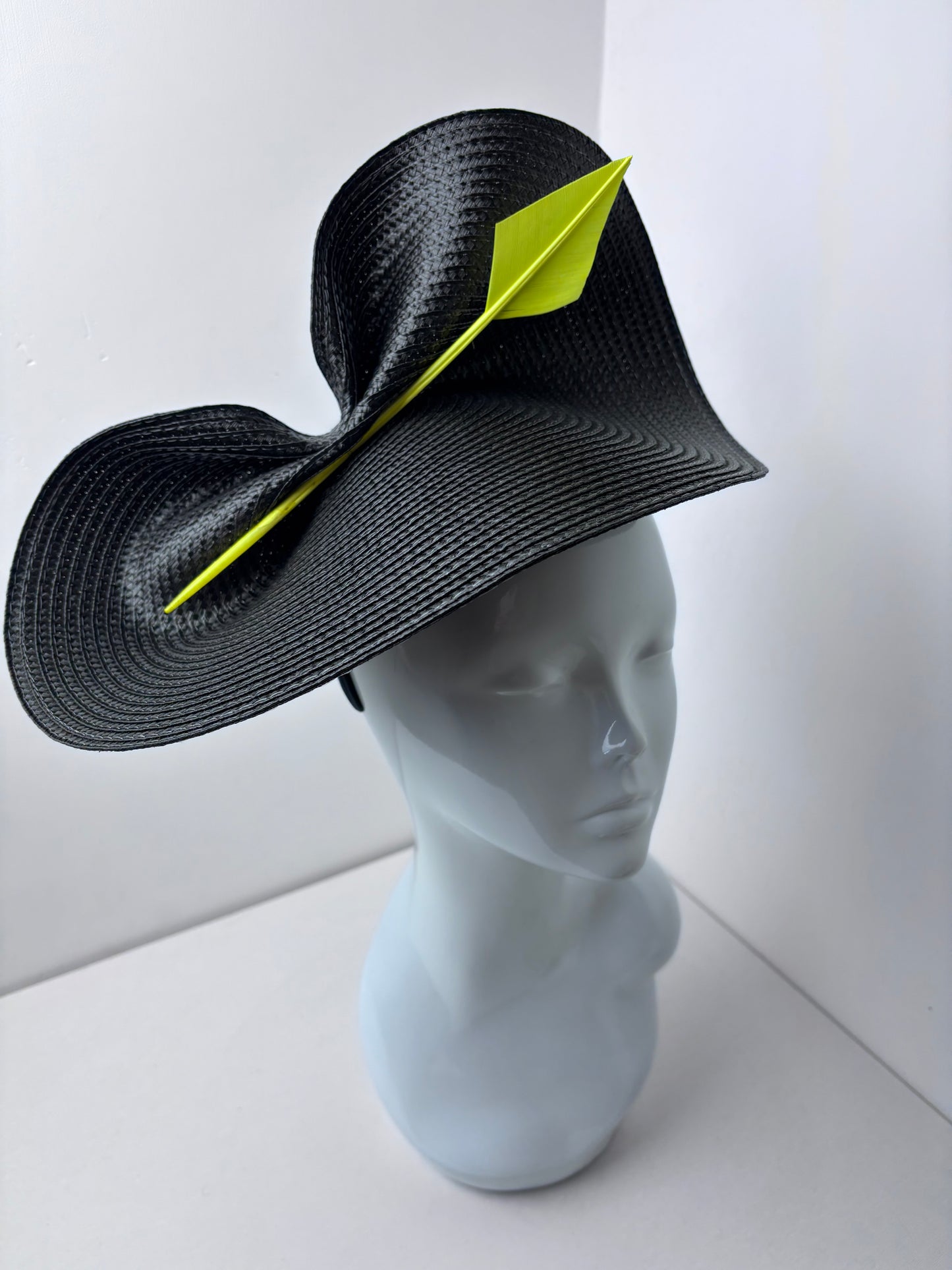 Black Swiss Braid Hatinator with Neon Yellow Quill | Contemporary Wedding, Ascot & Race Day Headpiece