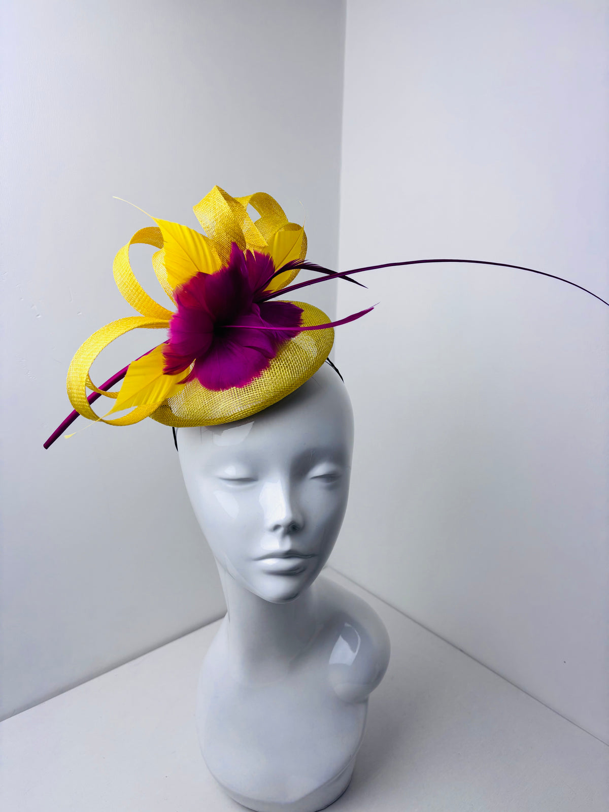 Fuchsia Pink & Yellow Fascinator – Statement Feather & Quill Wedding Guest Race Day Headpiece