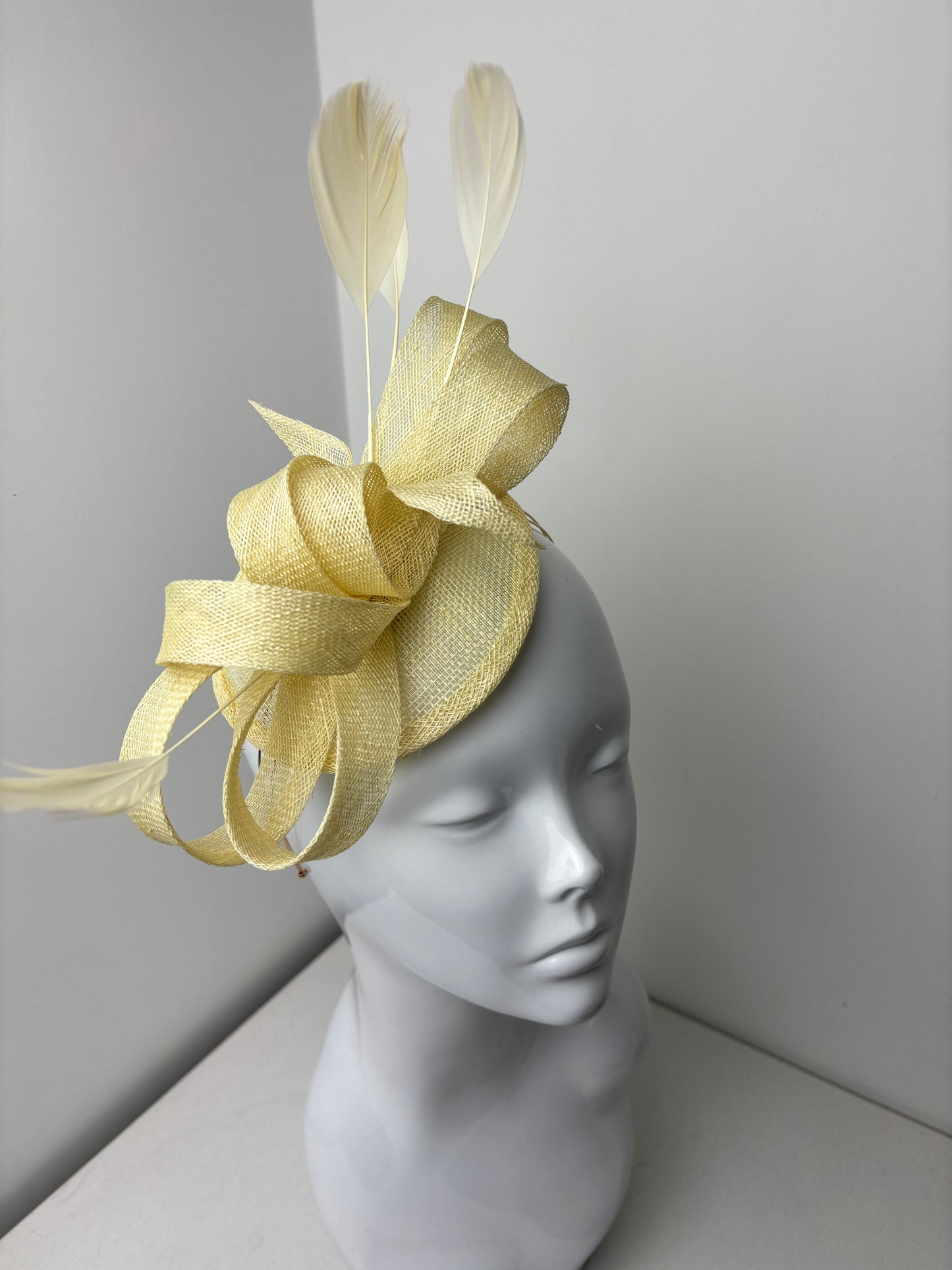 Bespoke Butter Yellow Sinamay Fascinator on Gold Headband | Handmade in Northumberland