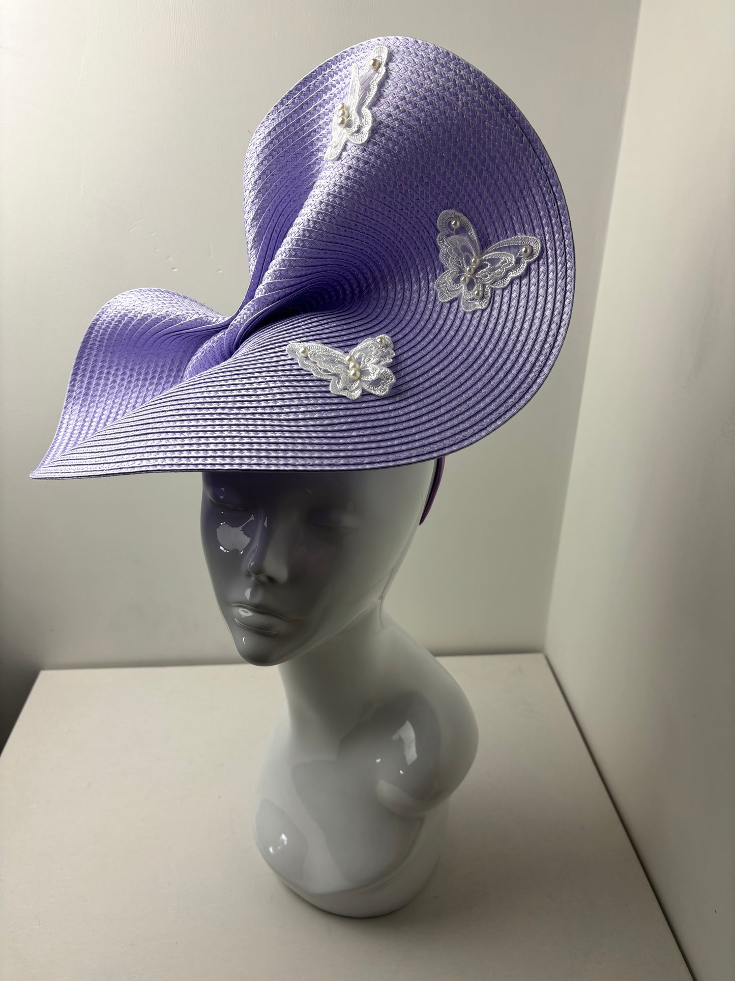 Bespoke Lilac Pearl Butterfly Sculptural Occasion Hatinator