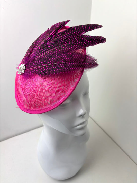 Fuchsia Pink Feather Fascinator Hat – Handmade Sinamay Wedding Guest Headpiece - Ladies Race Day Hat for Ascot & Derby