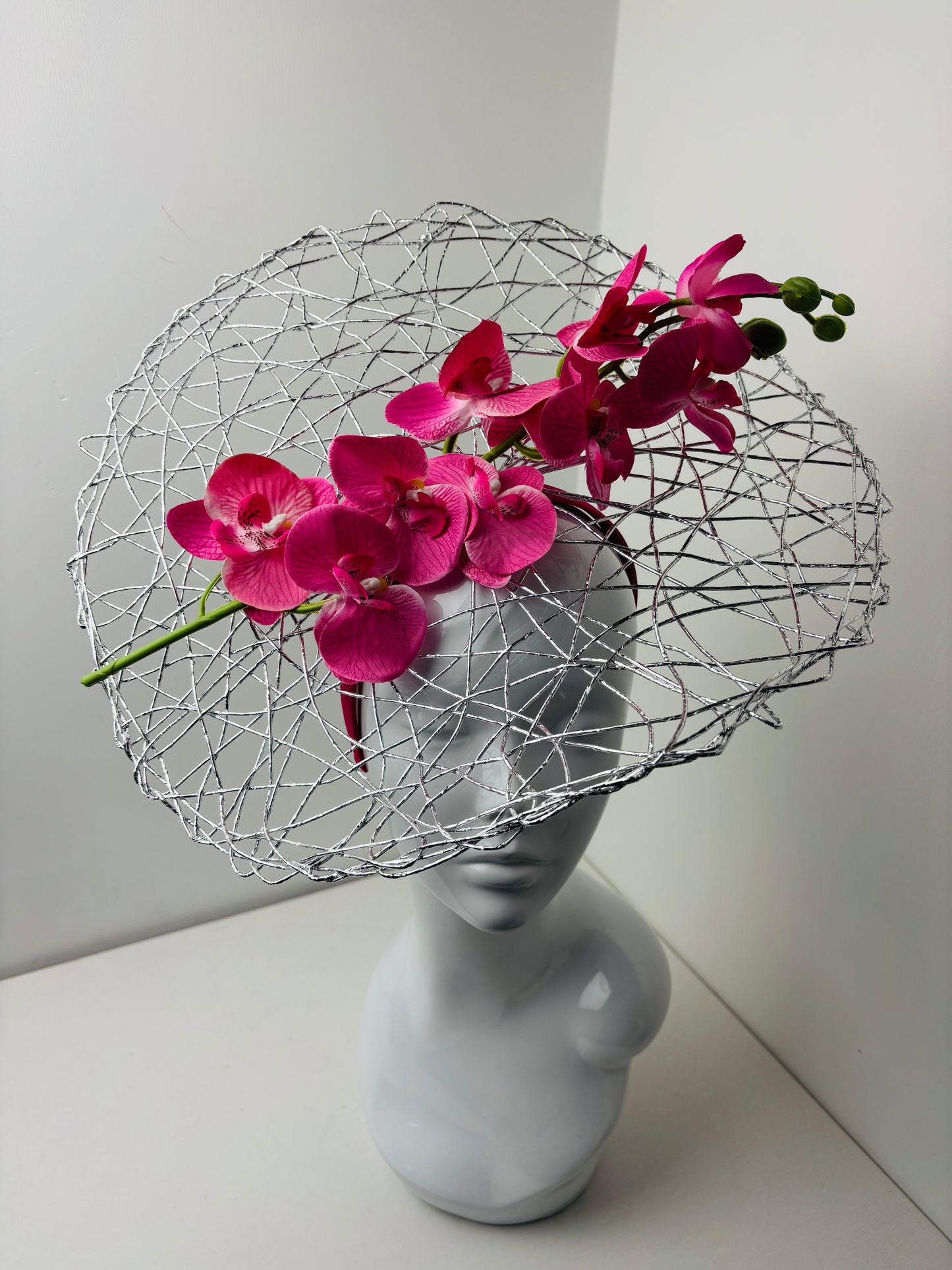 Fuchsia Orchid Halo Fascinator on Pink Satin Headband