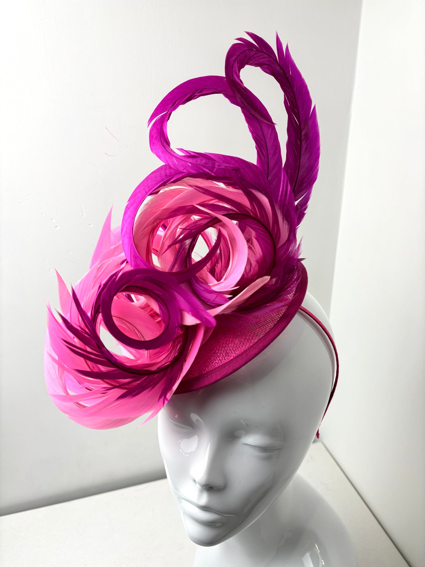 Bespoke Fuchsia Pink Whirl Feather Fascinator