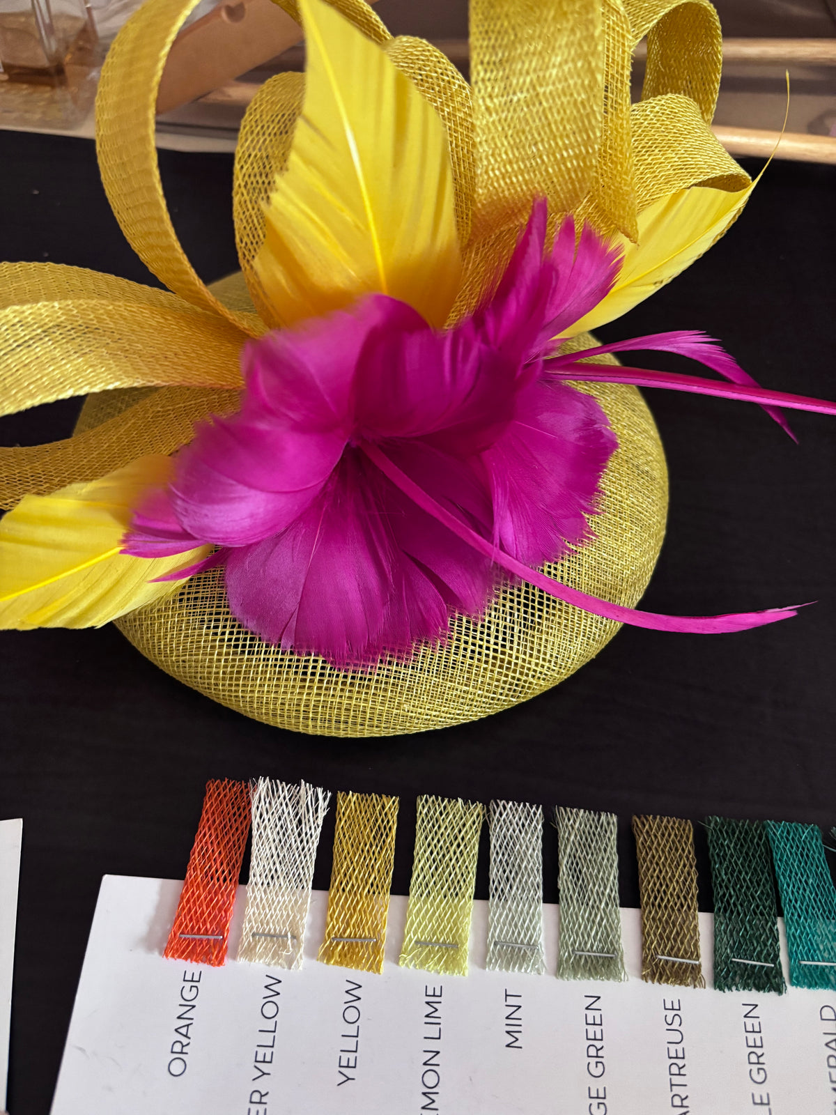 Fuchsia Pink & Yellow Fascinator – Statement Feather & Quill Wedding Guest Race Day Headpiece