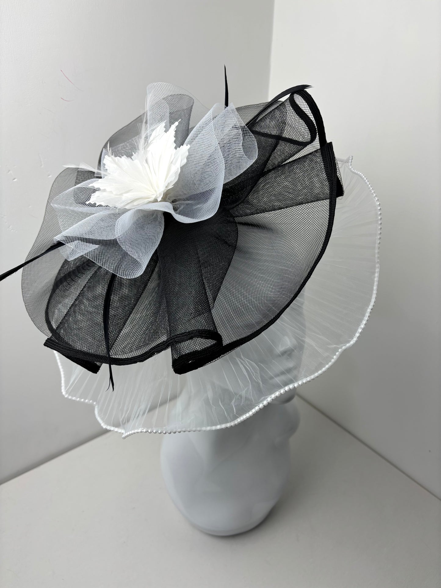Bespoke Elegant Black and White Statement Fascinator with Pearl Trim