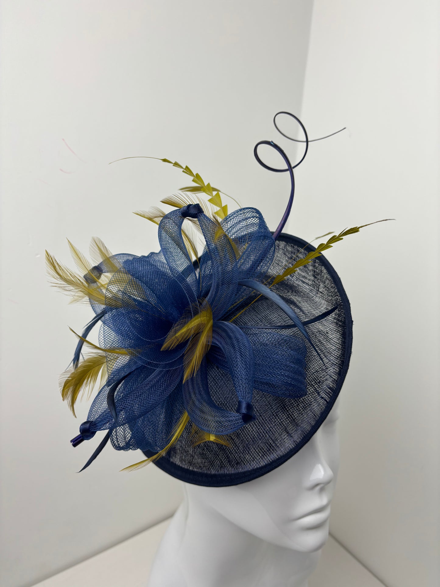 Bespoke Handmade Navy & Chartreuse Disc Feather Fascinator One Off