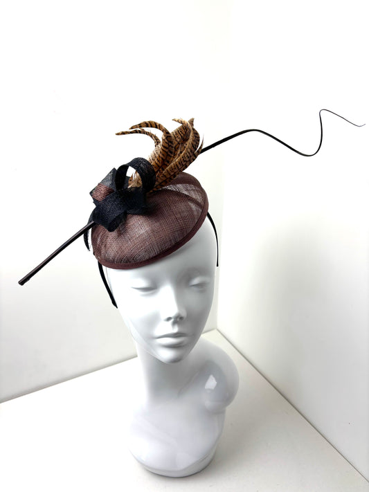 Bespoke Brown Sinamay Fascinator with Pheasant Feathers & Black Bow Detail