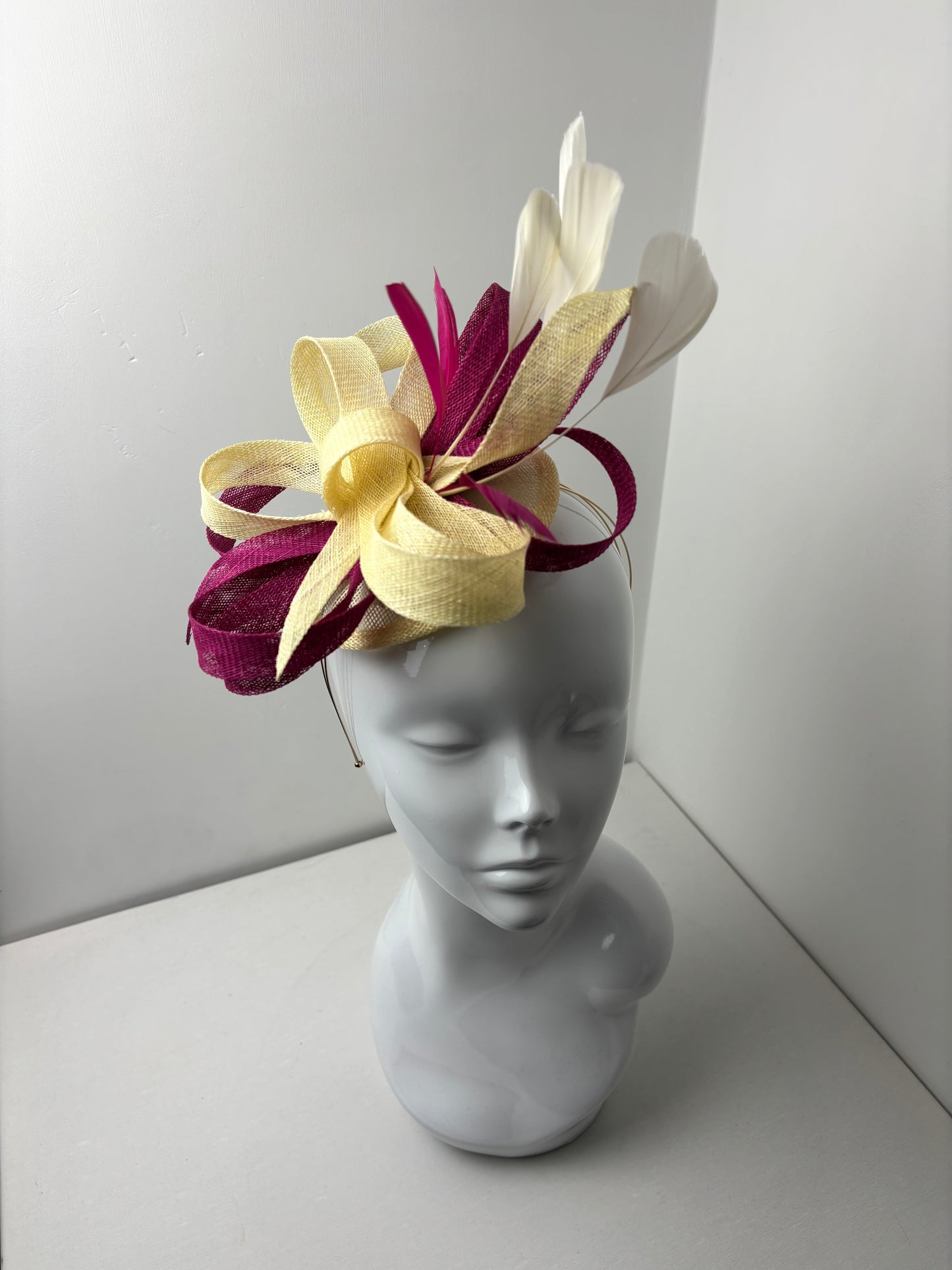 Bespoke Sinamay Sweep Butter Yellow and Fuchsia Pink Fascinator