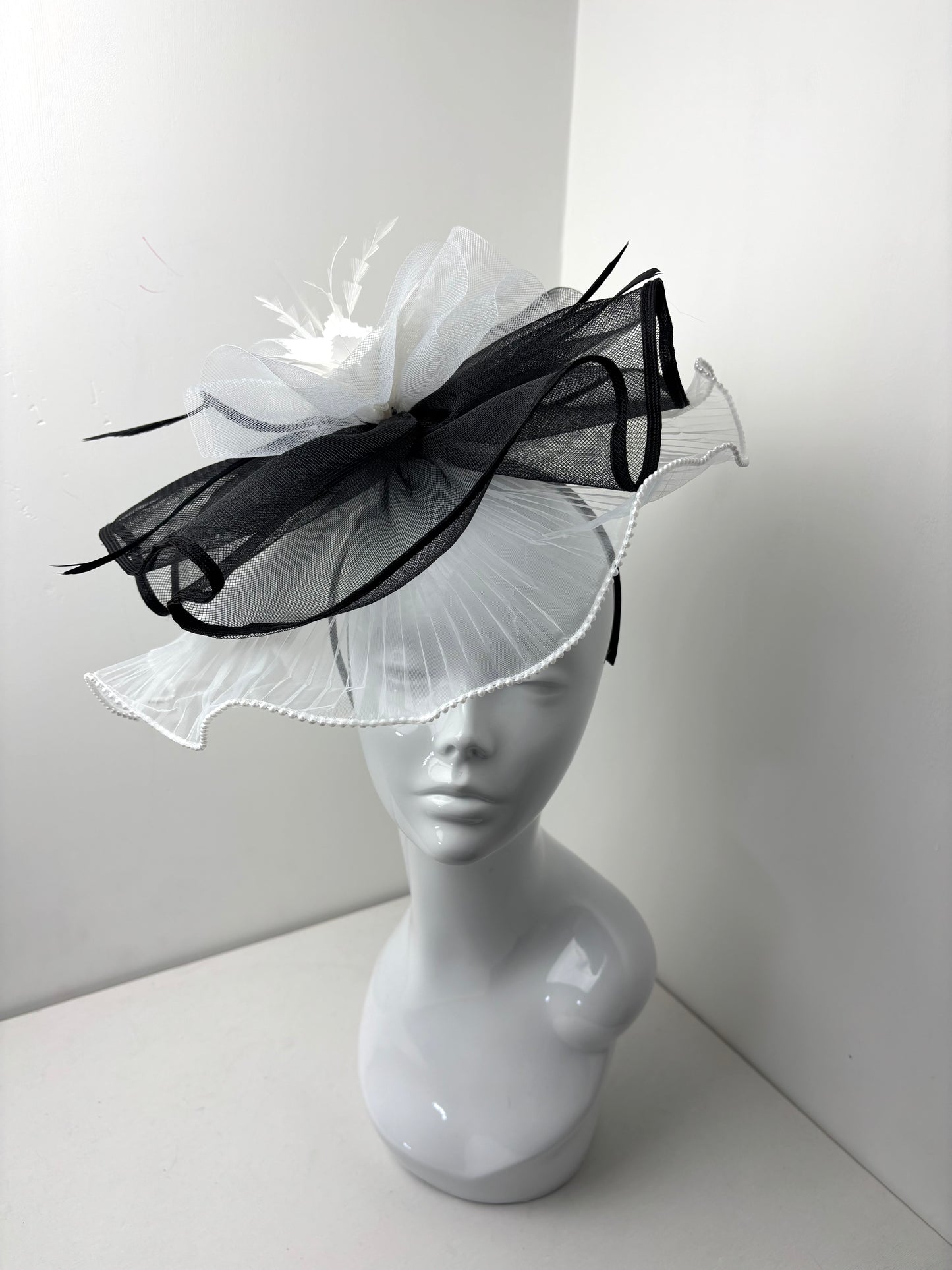 Bespoke Elegant Black and White Statement Fascinator with Pearl Trim