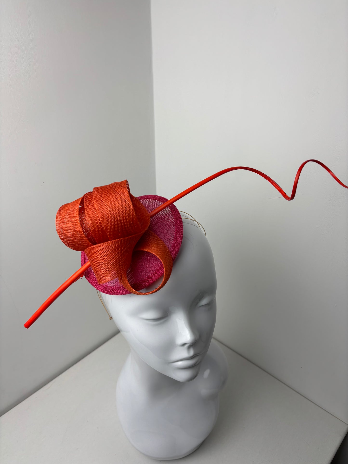 Bespoke Burnt Orange & Fuchsia Sculptural Sinamay Headpiece with Statement Quill