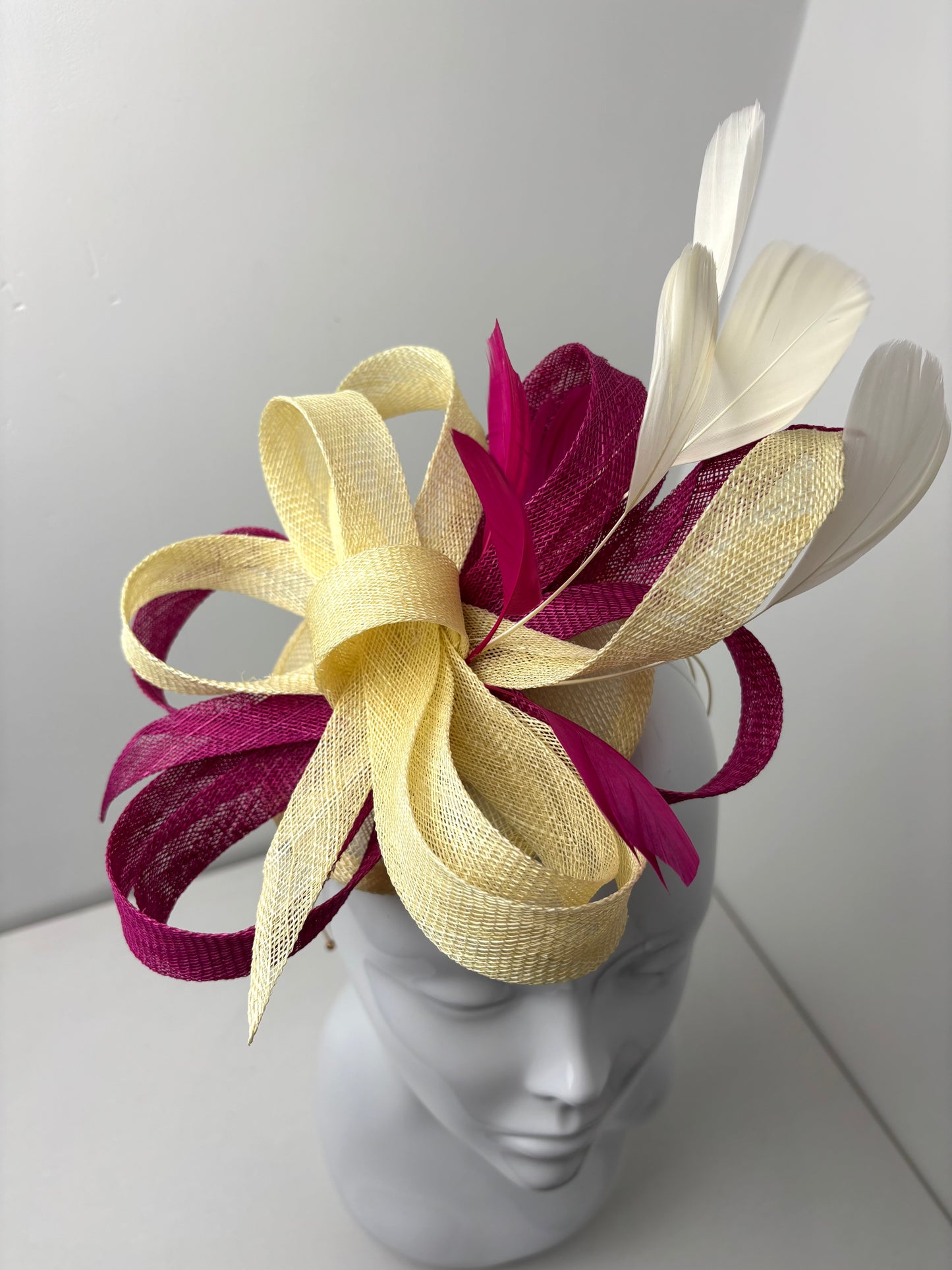 Bespoke Sinamay Sweep Butter Yellow and Fuchsia Pink Fascinator