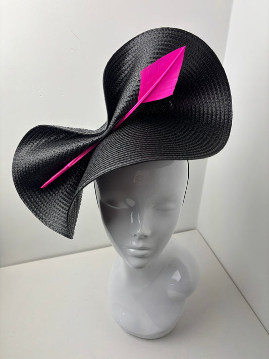 Bespoke Sculptural Black Statement Hatinator with Neon Pink Quill Detail
