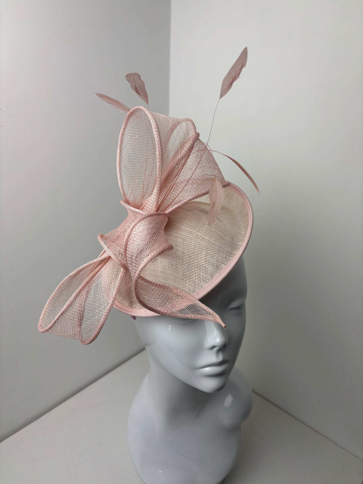 Bespoke Pale Pink Sinamay Fascinator with Handcrafted Bow & Coque Feathers