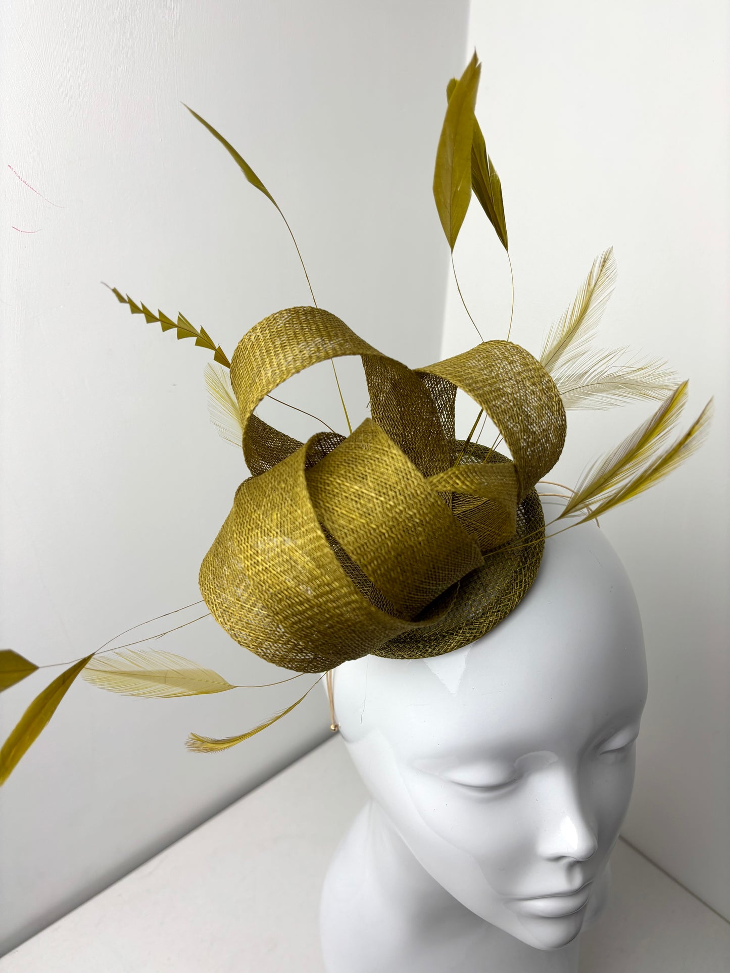 Bespoke Chartreuse Sinamay Swirl Fascinator on Gold Headband