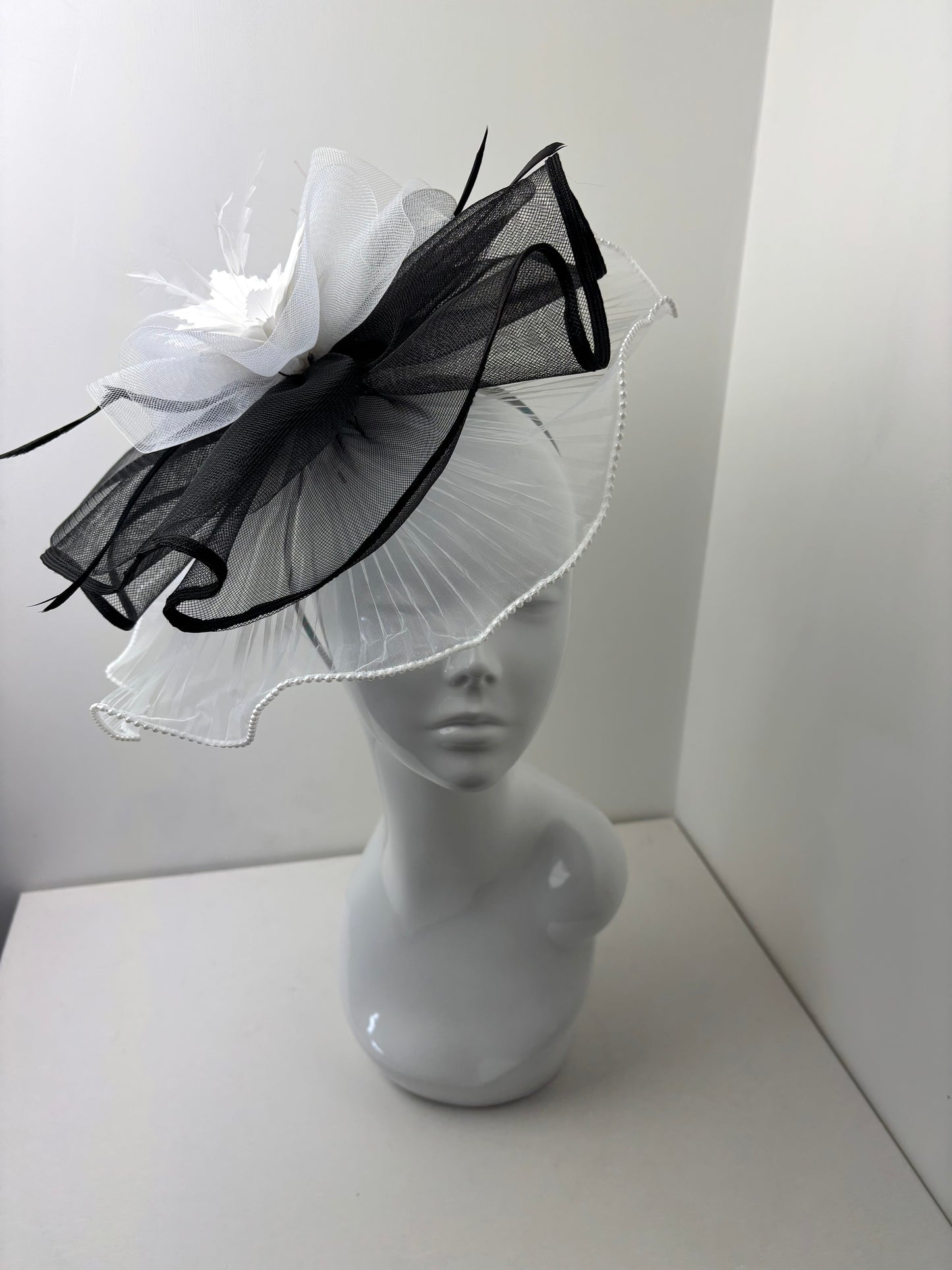 Bespoke Elegant Black and White Statement Fascinator with Pearl Trim