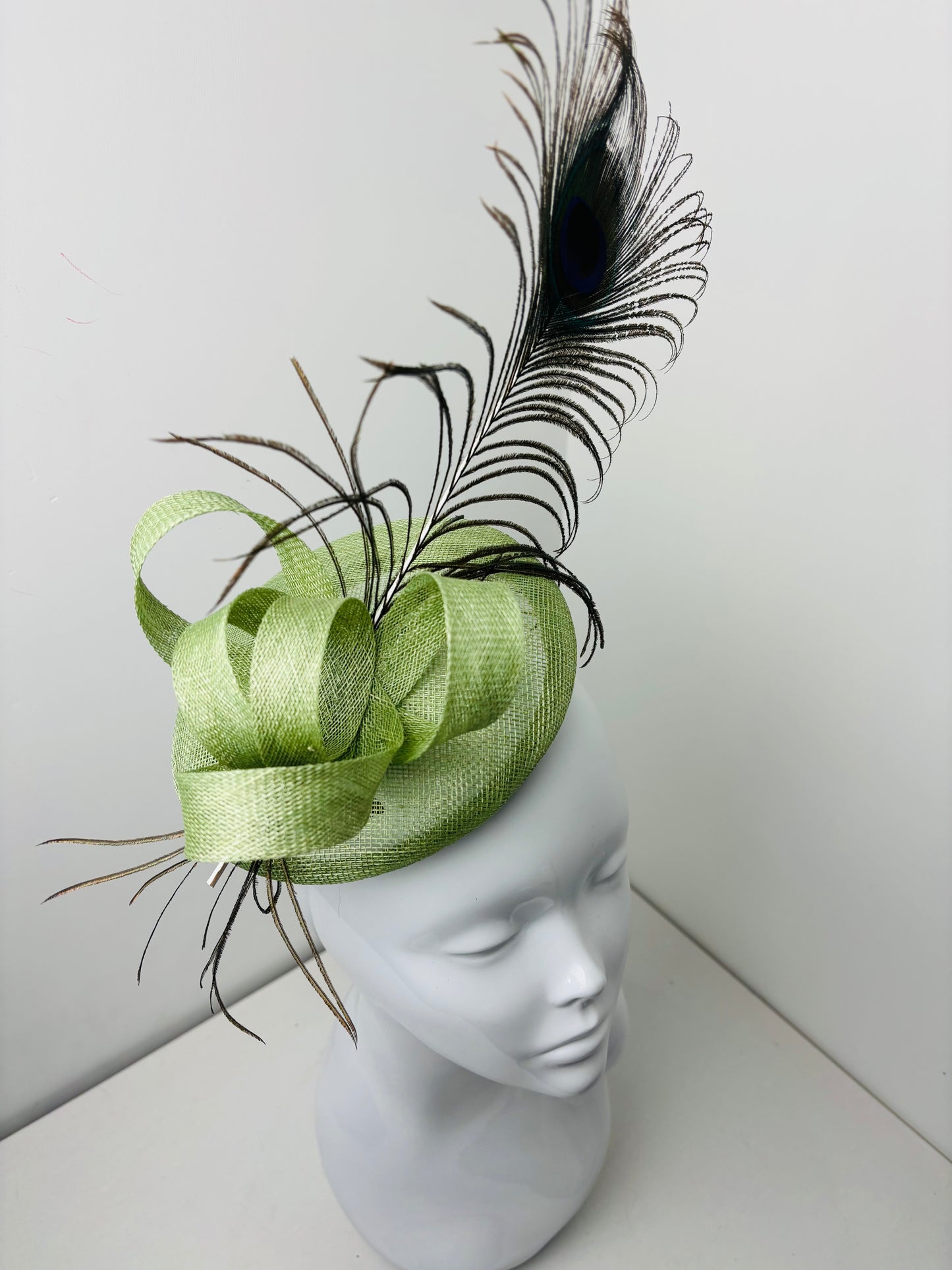 Bespoke Handmade Sage GreenPeacock Feather Pillar Box Fascinator