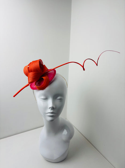 Bespoke Burnt Orange & Fuchsia Sculptural Sinamay Headpiece with Statement Quill