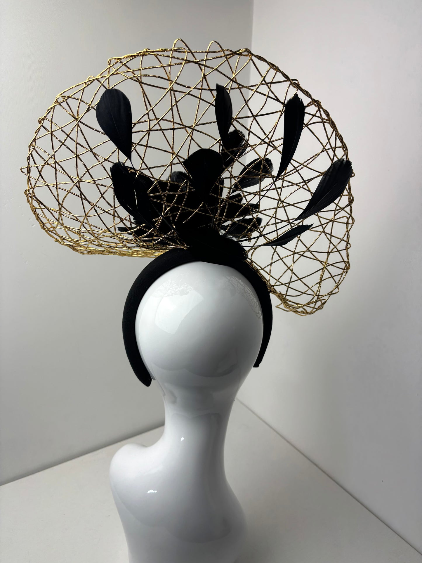 Bespoke Gold Wire Halo Headpiece with Black Feather Flower Fascinator