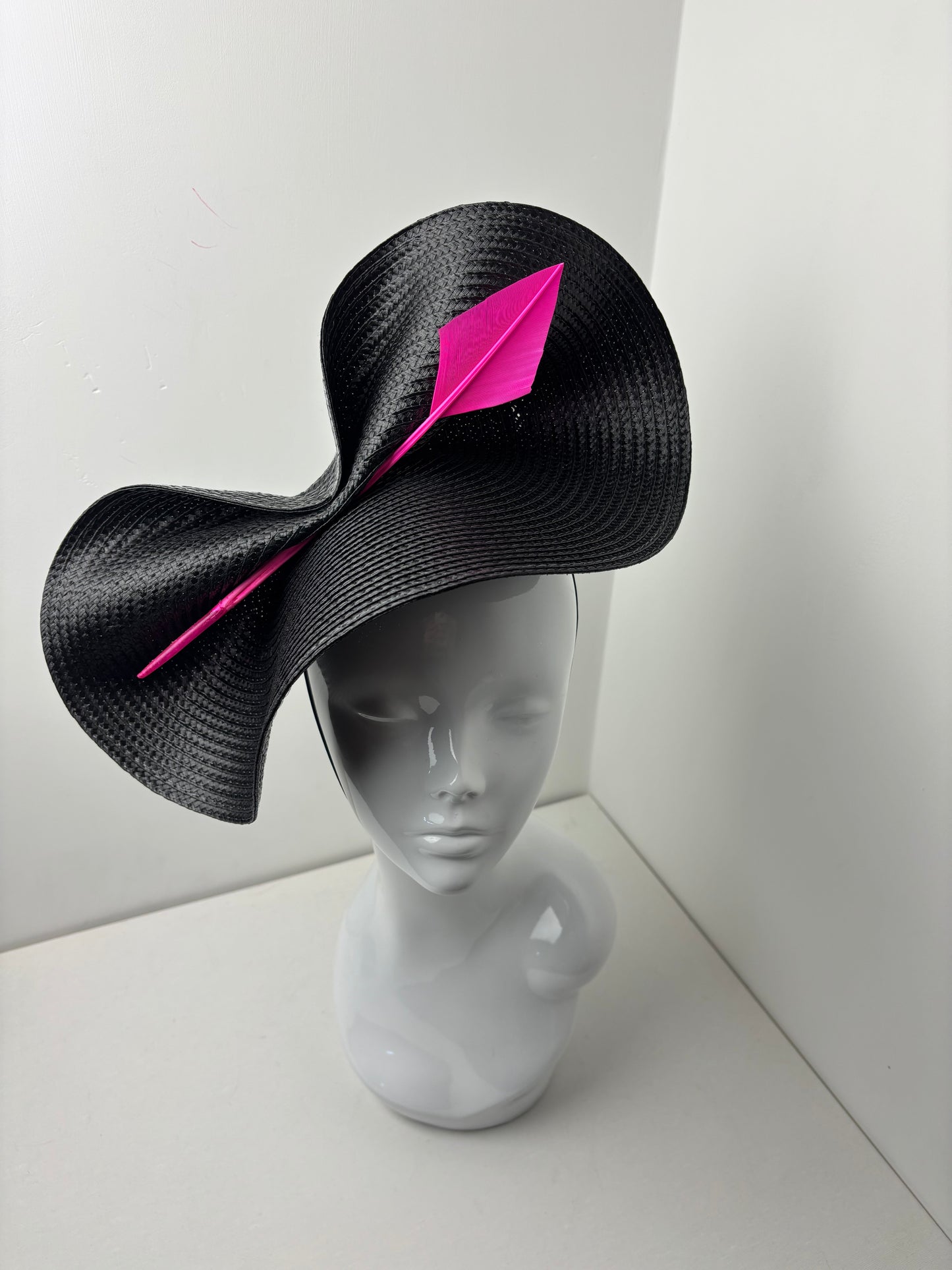 Bespoke Sculptural Black Statement Hatinator with Neon Pink Quill Detail