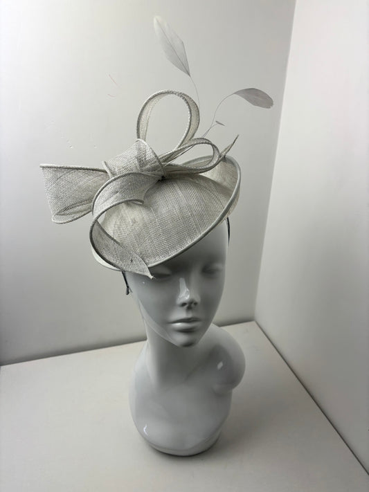 Bespoke Elegant Grey Sinamay Fascinator with Sculpted Bow & Feathers