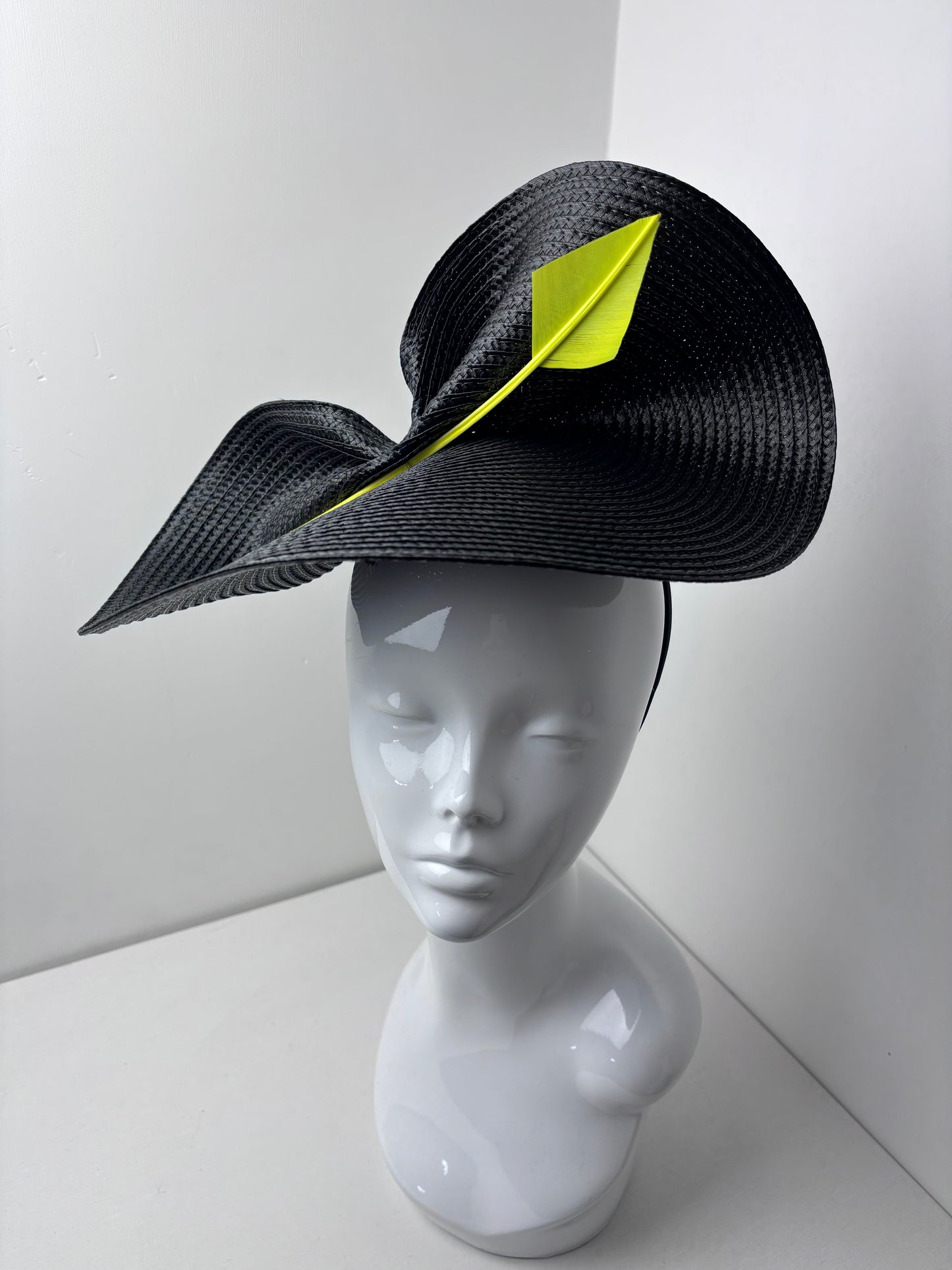 Black Swiss Braid Hatinator with Neon Yellow Quill | Contemporary Wedding, Ascot & Race Day Headpiece