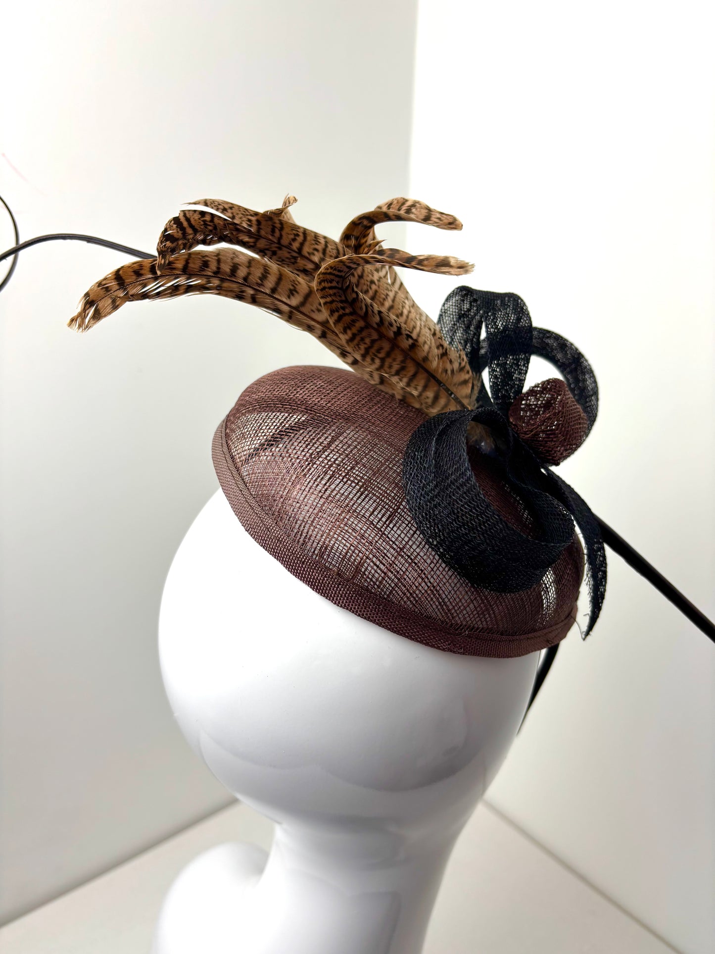 Bespoke Brown Sinamay Fascinator with Pheasant Feathers & Black Bow Detail