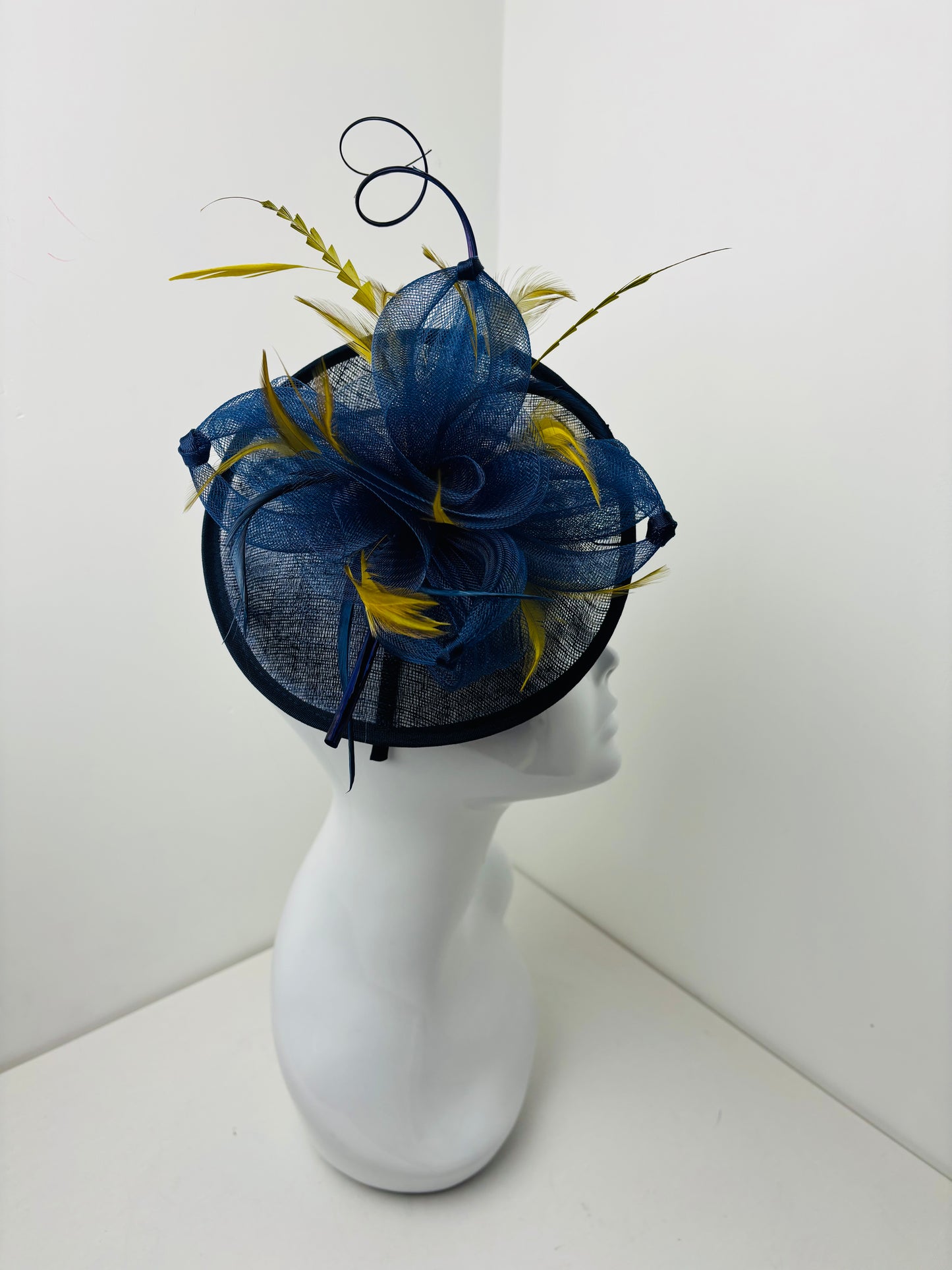 Bespoke Handmade Navy & Chartreuse Disc Feather Fascinator One Off