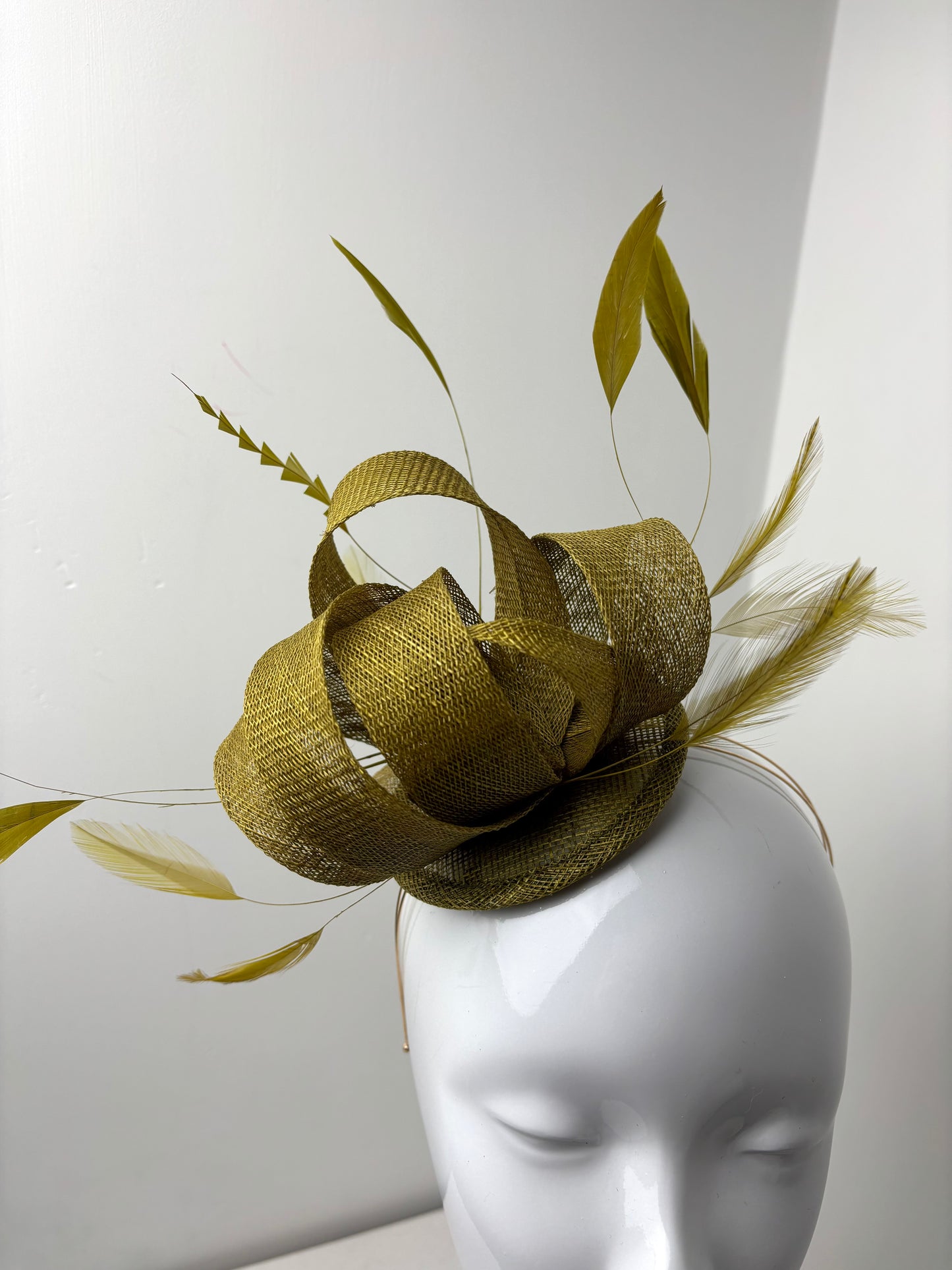 Bespoke Chartreuse Sinamay Swirl Fascinator on Gold Headband
