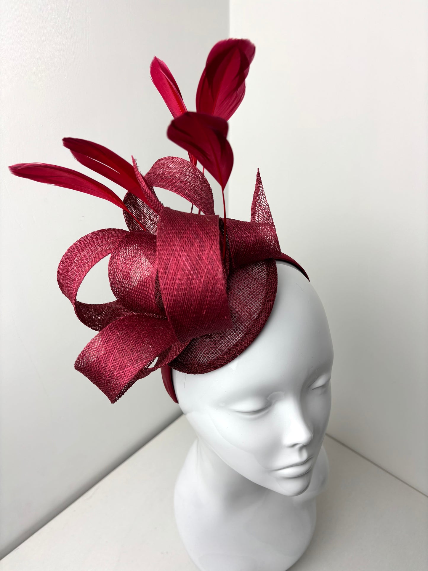 Bespoke Burgundy Sinamay Feather Fascinator