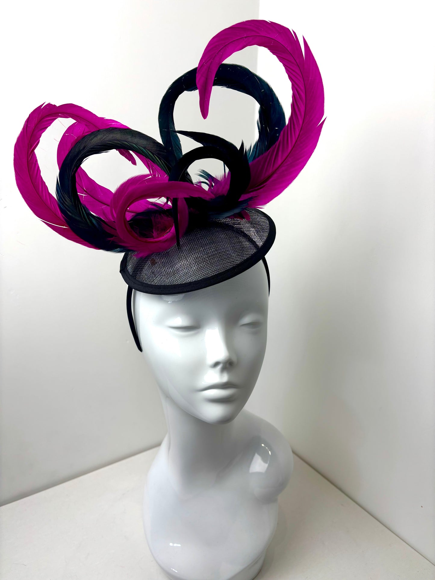 Bespoke Pink & Black Feather Percher Fascinator