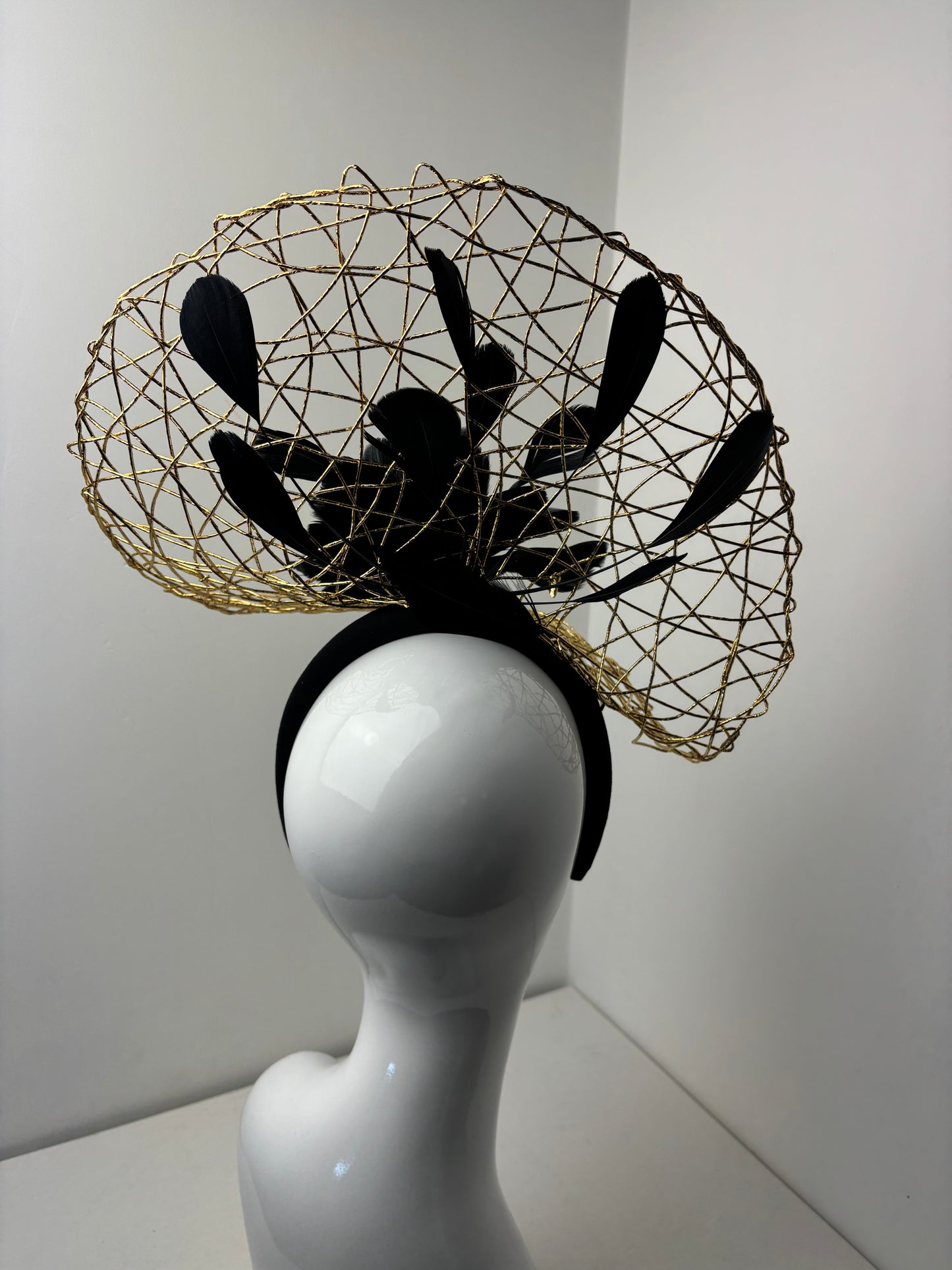 Bespoke Gold Wire Halo Headpiece with Black Feather Flower Fascinator
