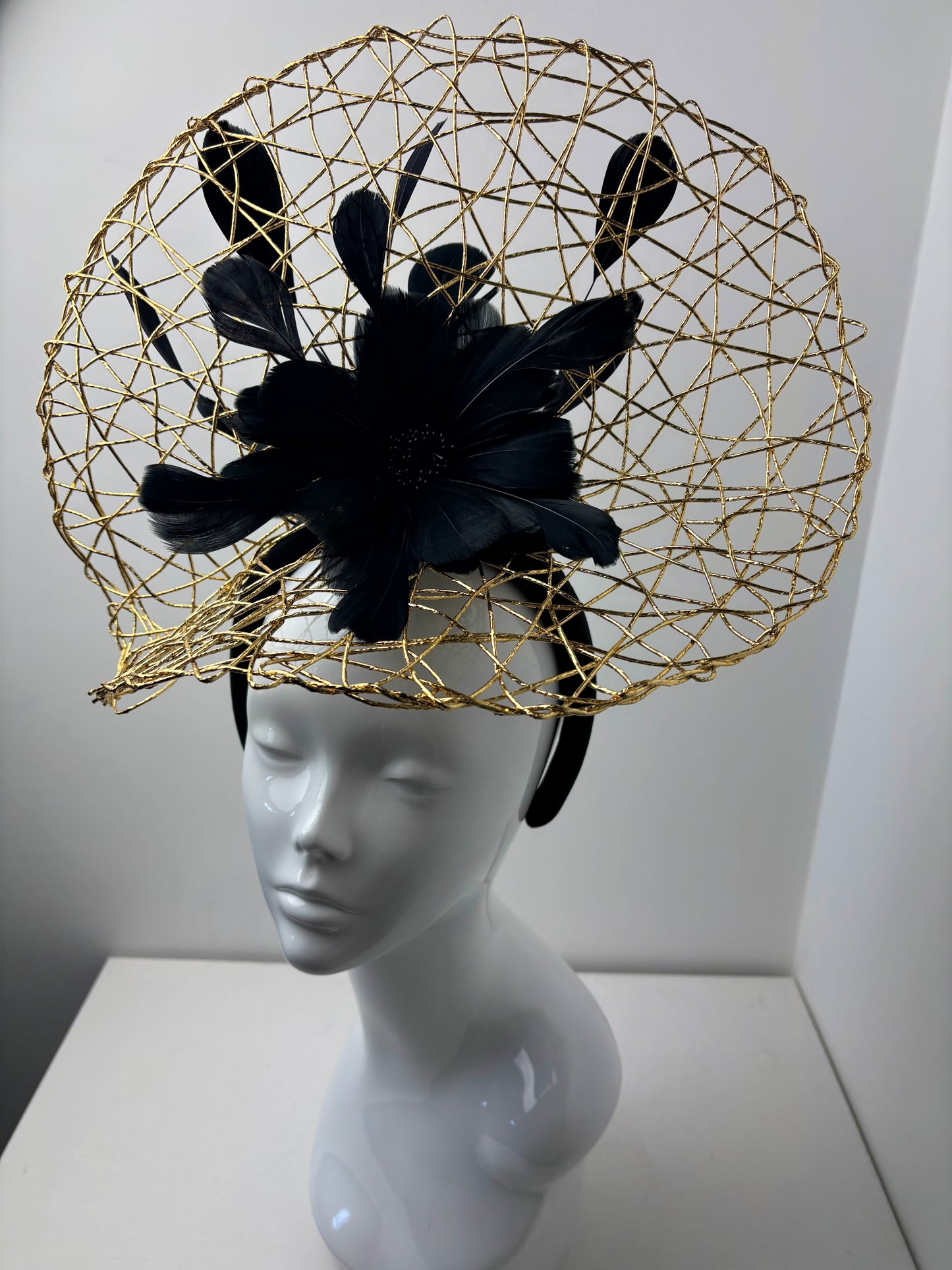 Bespoke Gold Wire Halo Headpiece with Black Feather Flower Fascinator