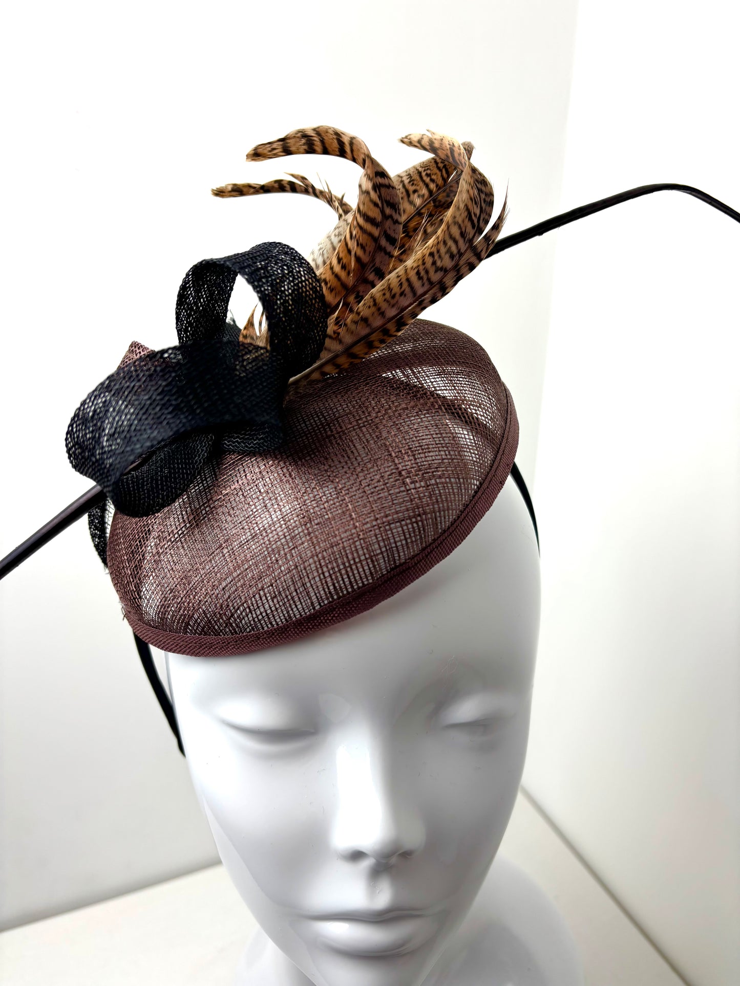 Bespoke Brown Sinamay Fascinator with Pheasant Feathers & Black Bow Detail