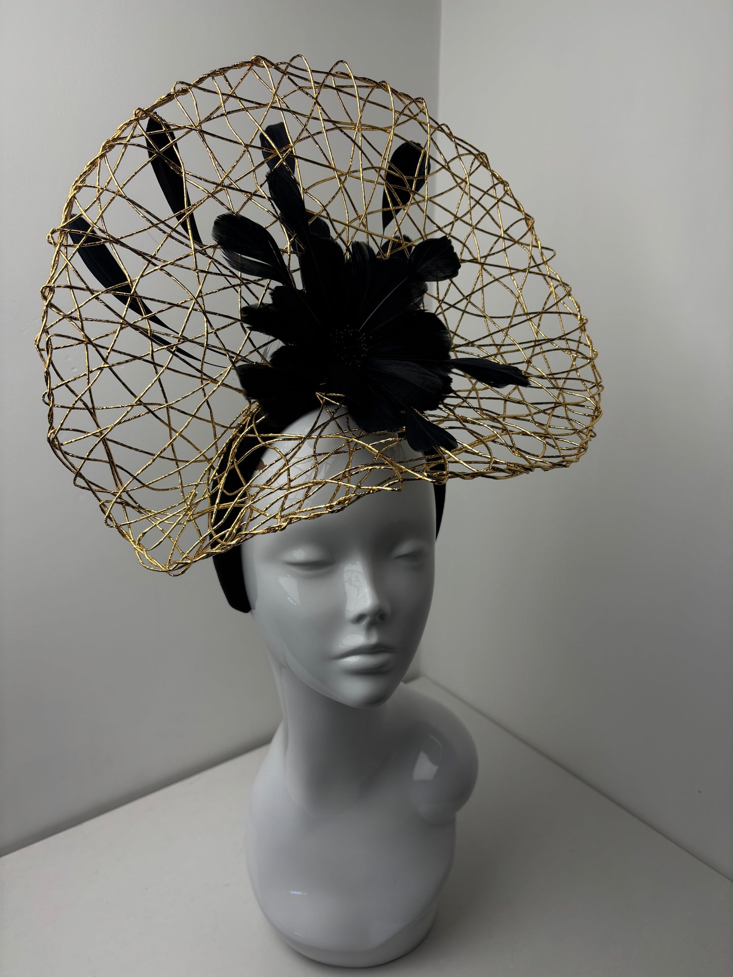 Bespoke Gold Wire Halo Headpiece with Black Feather Flower Fascinator