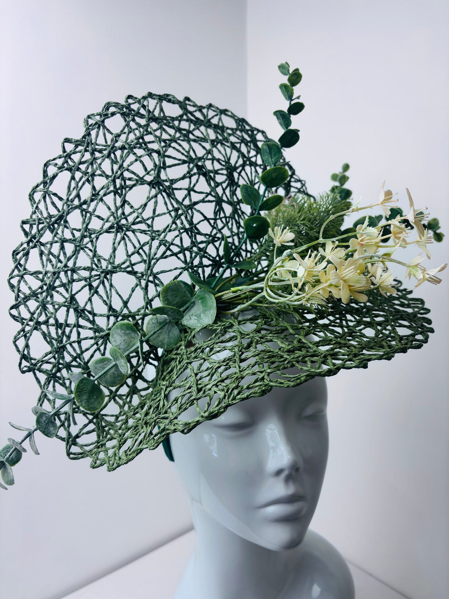 Bespoke Botanical Elegance Statement Green Fascinator