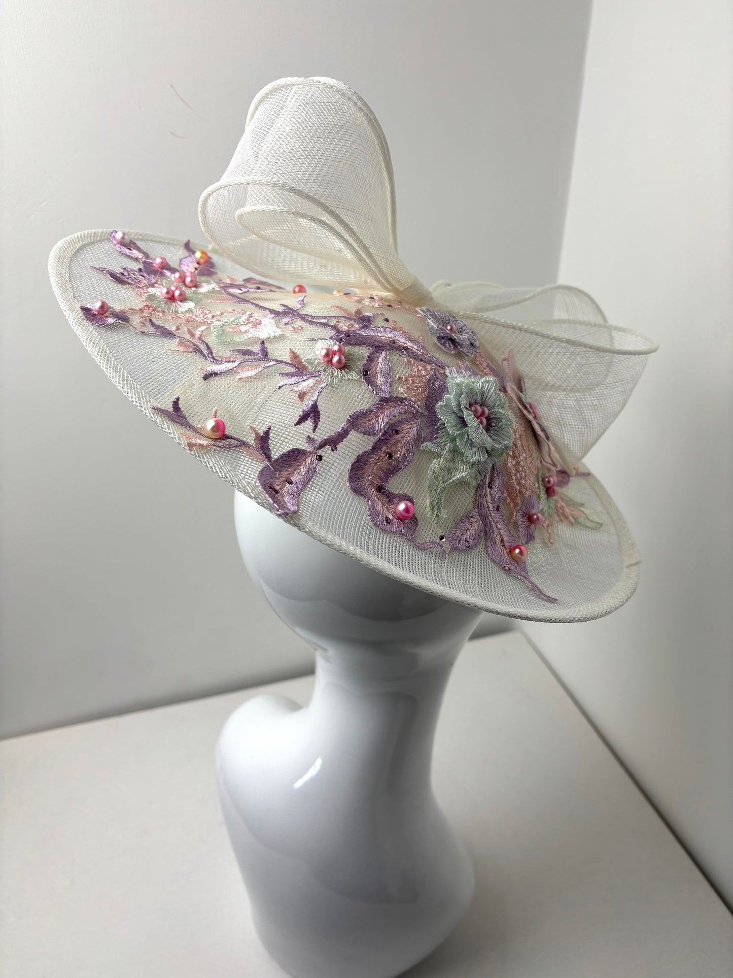 Bespoke White Embroidered Sinamay Fascinator