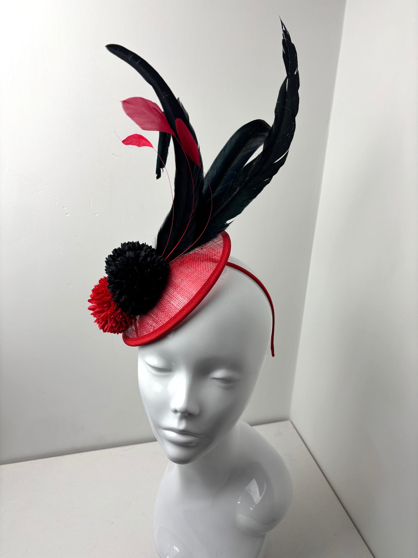 Bespoke Scarlet Noir Feather Fascinator Handmade Red & Black Headpiece