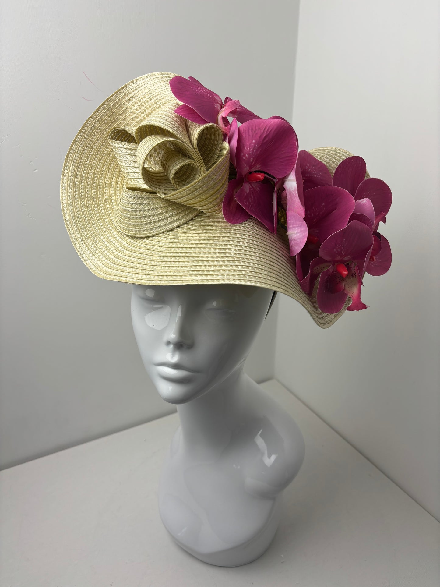 Bespoke Handmade Golden Straw Orchid Floral Fascinator