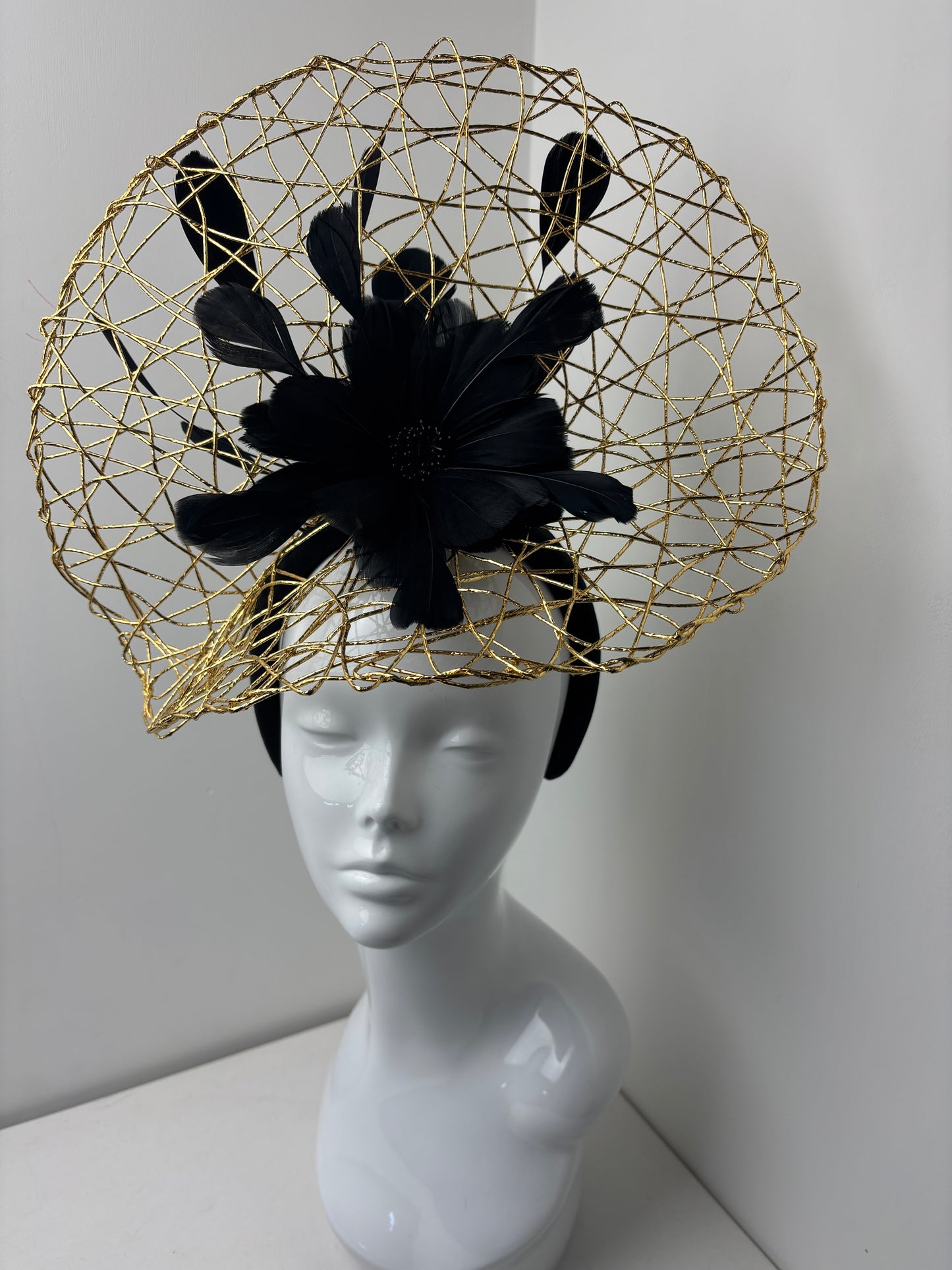 Bespoke Gold Wire Halo Headpiece with Black Feather Flower Fascinator