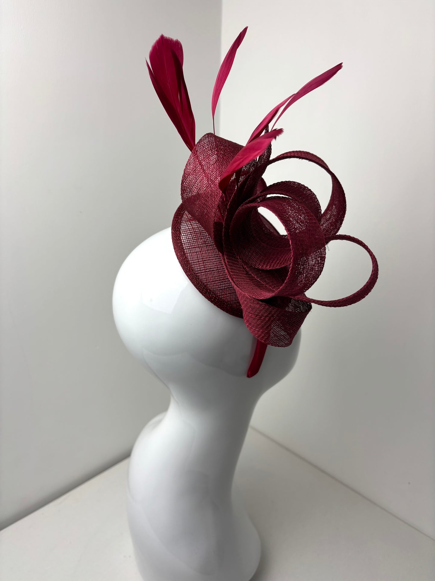 Bespoke Burgundy Sinamay Feather Fascinator