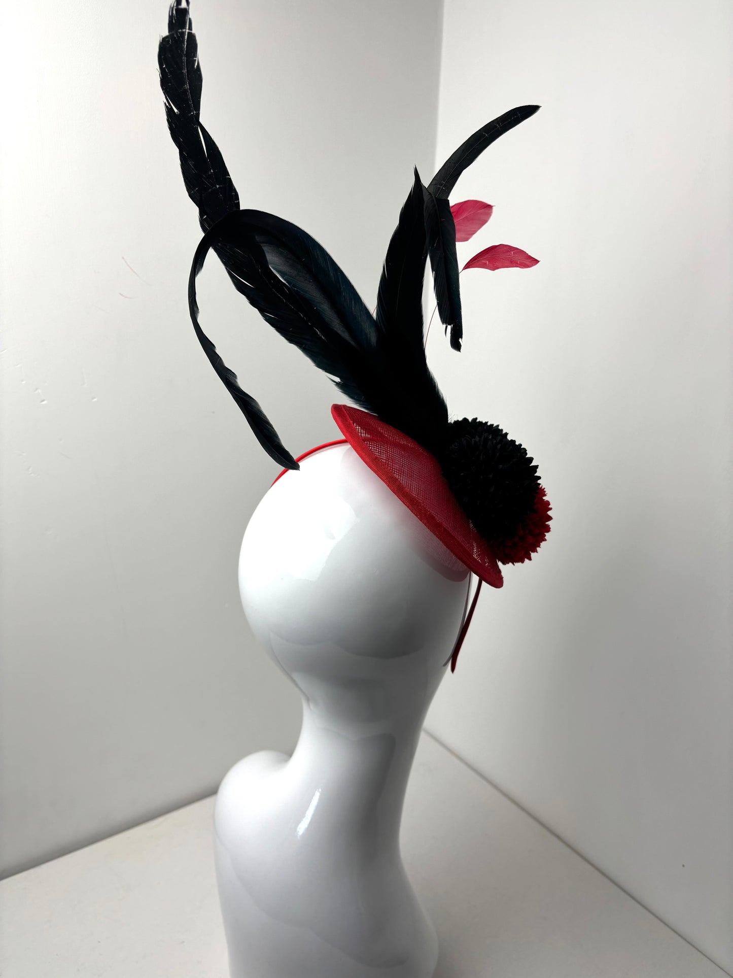 Bespoke Scarlet Noir Feather Fascinator Handmade Red & Black Headpiece